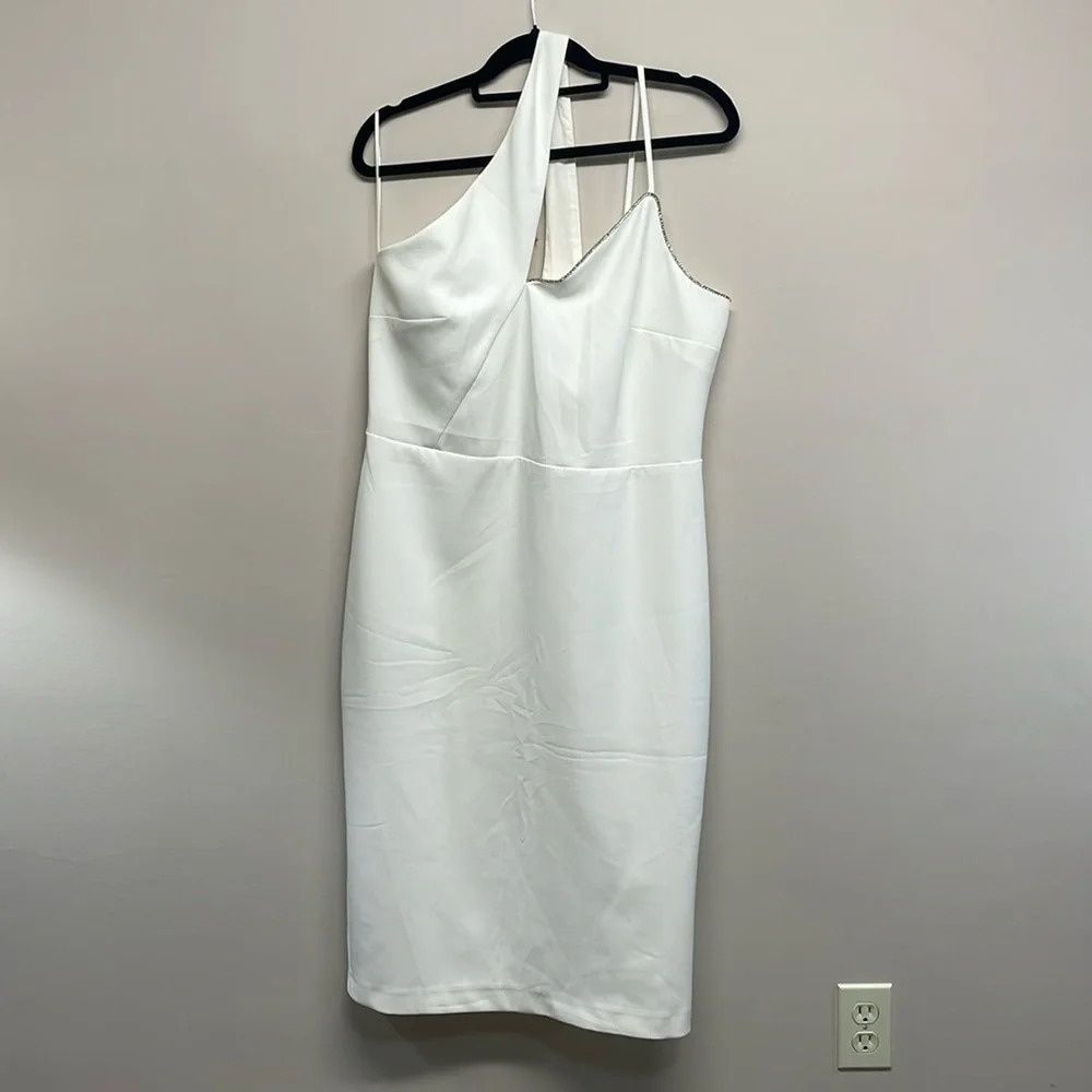 NWT River Island White One Shoulder Dress Rhinestone Detail 14 (UK 18)